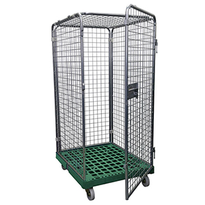 Rollbox mit Drahtgitterwänden, 5-seitig (1 Tür), Nutzhöhe 1350 mm, BxTxH 810x720x1500 mm, Bodenplatte aus HDPE, RAL 6024 verkehrsgrün