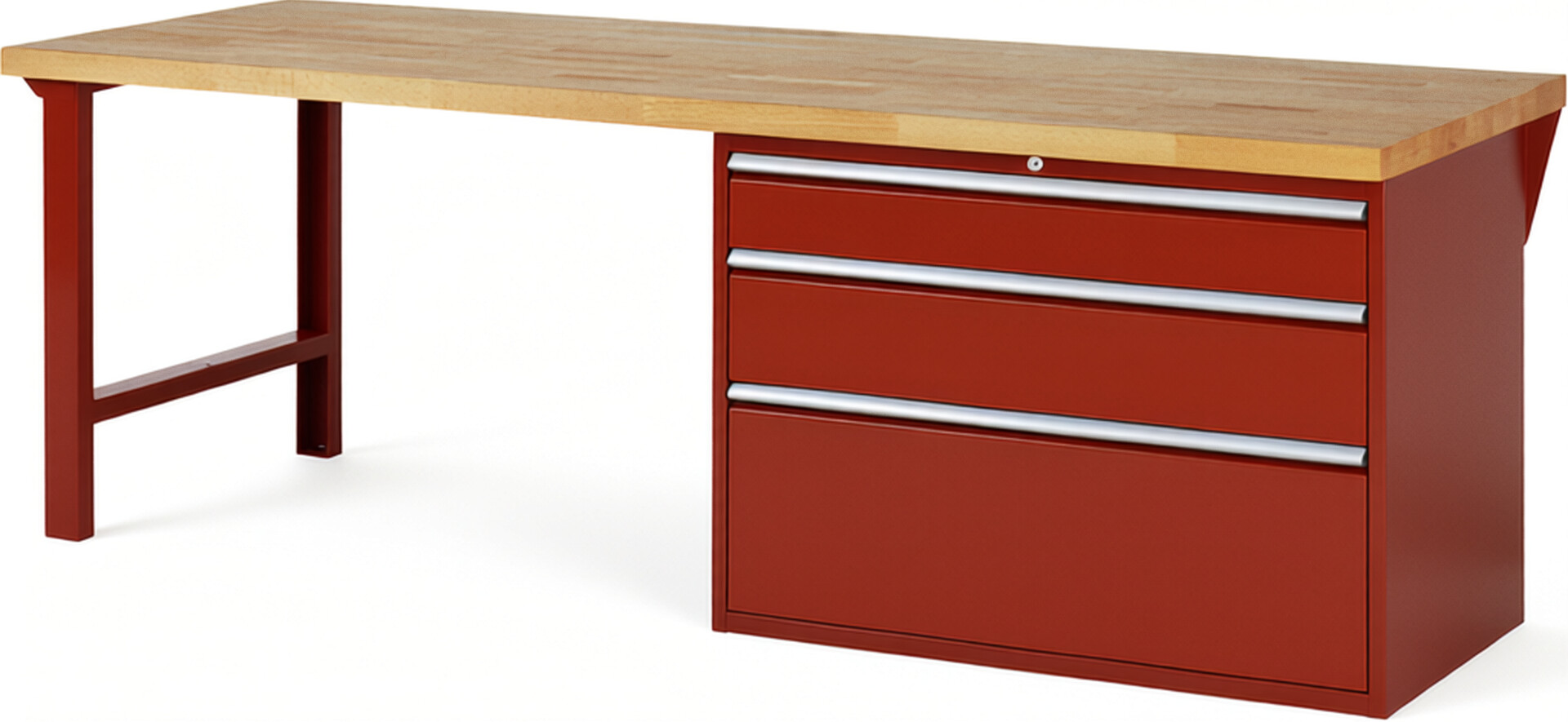Werkbank Modell 7708 rot, BxTxH 2500x900x890 mm,  Buche-Massiv Arbeitsplatte 40 mm,  3 Schubladen mit  Auszug 90 %