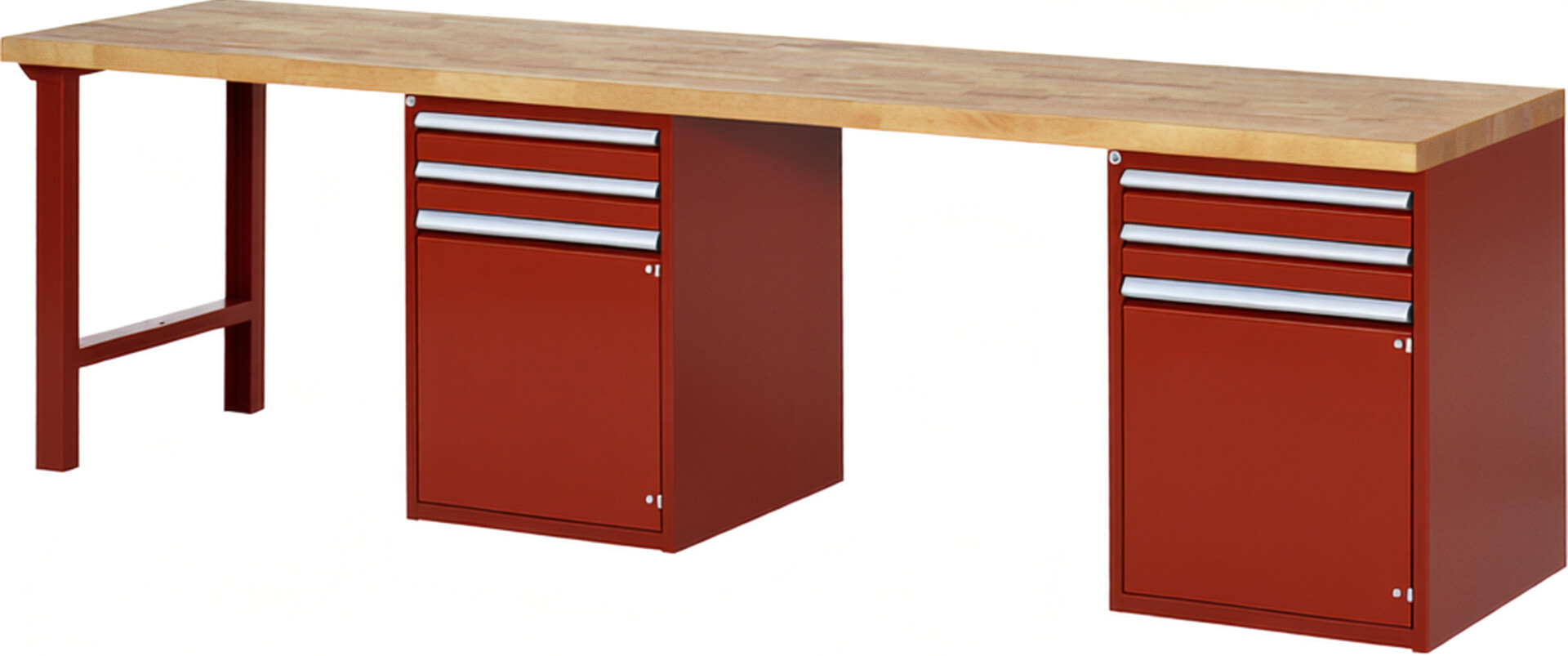 Werkbank Modell 7503 rot, BxTxH 3000x700x890 mm,  Buche-Massiv Arbeitsplatte 40 mm,  4 Schubladen mit  Auszug 90 %