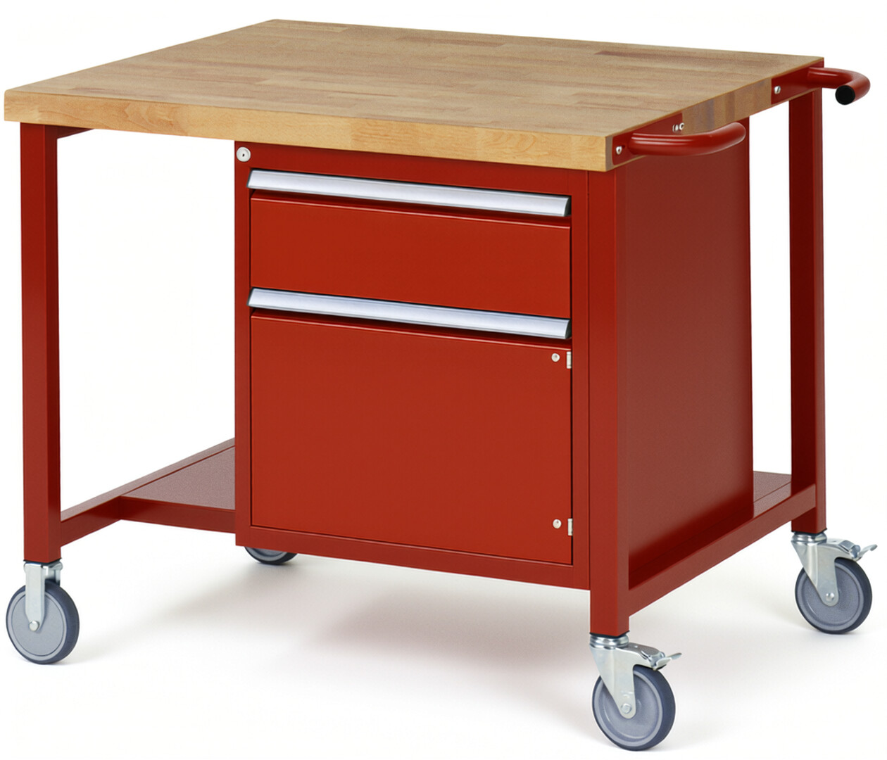 Fahrbare Werkbank Modell 8152 rot, BxTxH 1000x900x880 mm,  Buche-Massiv Arbeitsplatte 40 mm,  1 Schublade mit  Vollauszug 100 % und  SoftClosing