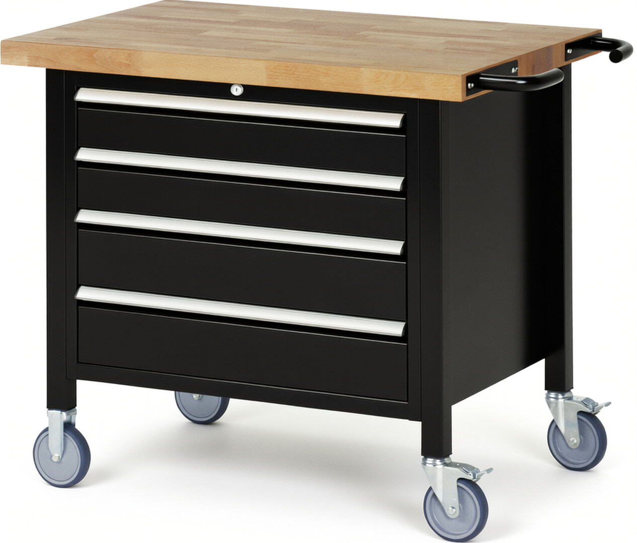 Fahrbare Werkbank Modell 8262 schwarz, BxTxH 1000x700x880 mm,  Buche-Massiv Arbeitsplatte 40 mm,  4 Schubladen mit  Auszug 90 %