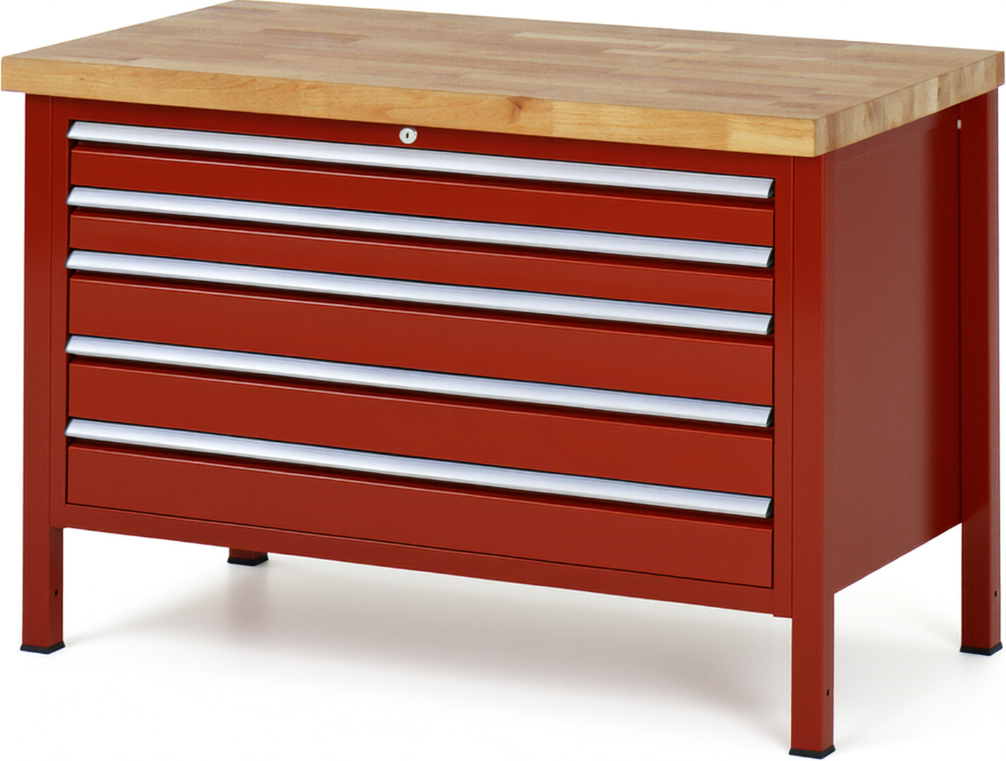 Werkbank Modell 8371 rot, BxTxH 1250x700x840 mm,  Buche-Massiv Arbeitsplatte 40 mm,  5 Schubladen mit  Auszug 90 %