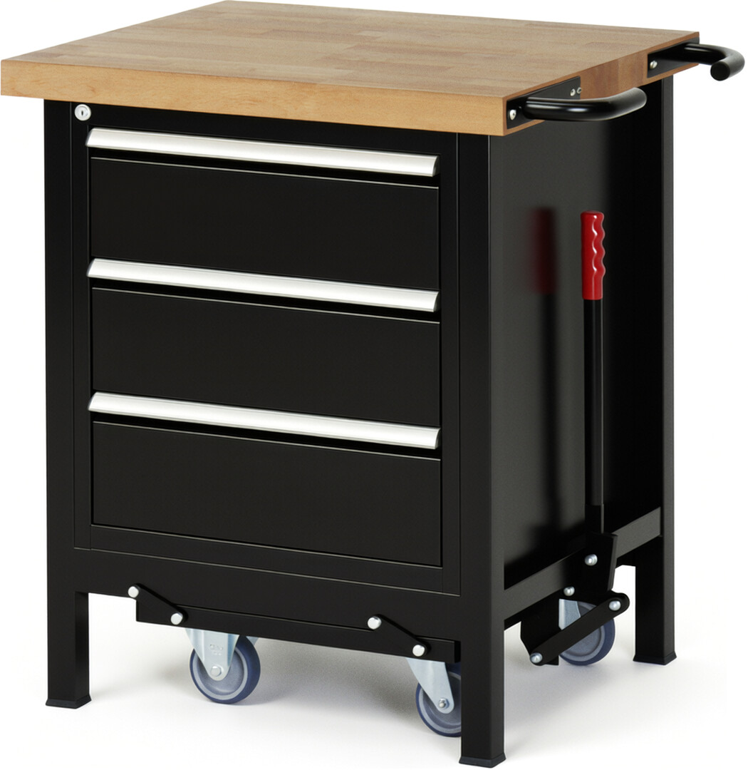 Absenkbare Werkbank Modell 8157 schwarz, BxTxH 750x700x880 mm,  Buche-Massiv Arbeitsplatte 40 mm,  3 Schubladen mit  Vollauszug 100 % und  SoftClosing
