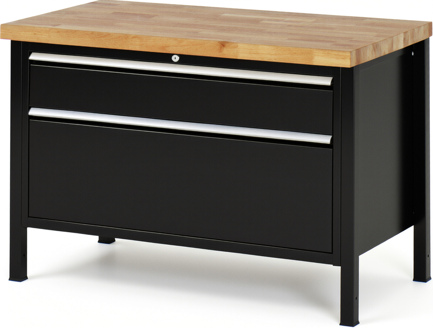 Werkbank Modell 8356 schwarz, BxTxH 1250x700x840 mm,  Buche-Massiv Arbeitsplatte 40 mm,  2 Schubladen mit  Vollauszug 100 % und  SoftClosing