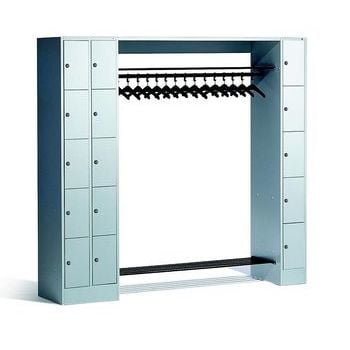 Garderobe, Garderobenanlage, Offene Garderobe mit Spindschrank, 15 Fächer, links/rechts, Korpus lichtgrau, Türfarbe lichtgrau, 1.950 x 2.100 x 480 mm (HxBxT)