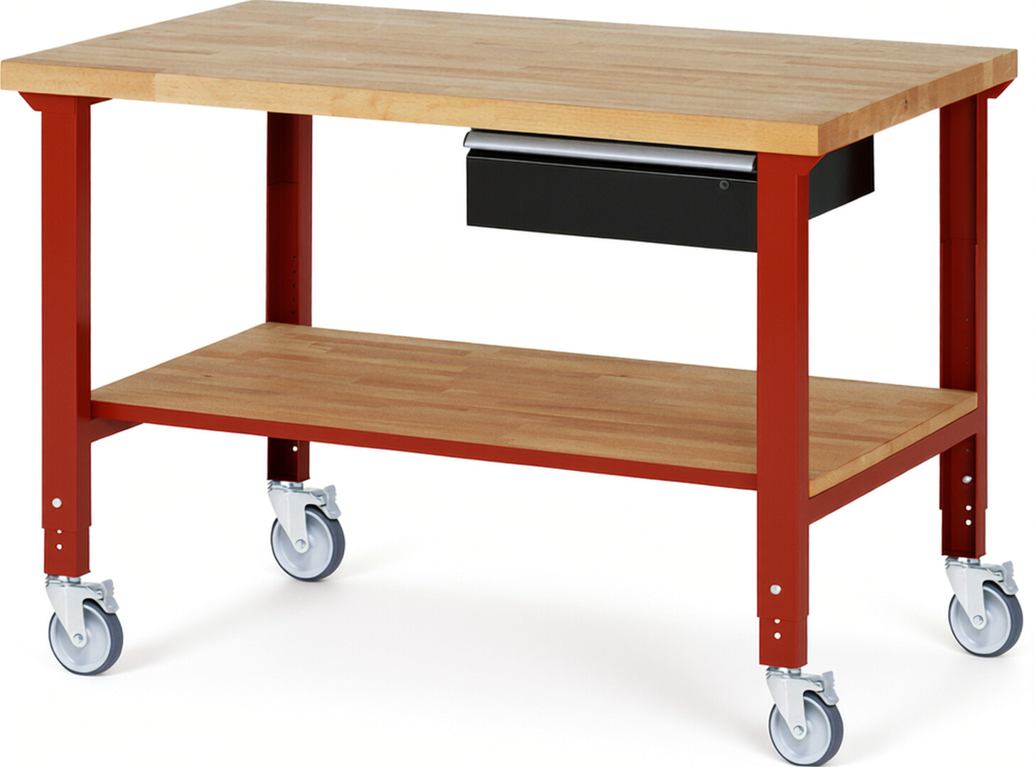 Fahrbare Werkbank Modell 7001 rot - schwarz, BxTxH 1500x900x950-1000 mm,  Buche-Massiv Arbeitsplatte 40 mm,  1 Schublade mit  Auszug 90 %