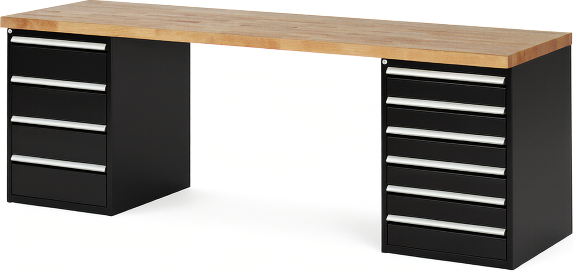 Werkbank Modell 7821 schwarz, BxTxH 2500x700x890 mm,  Buche-Massiv Arbeitsplatte 40 mm,  10 Schubladen mit  Auszug 90 %