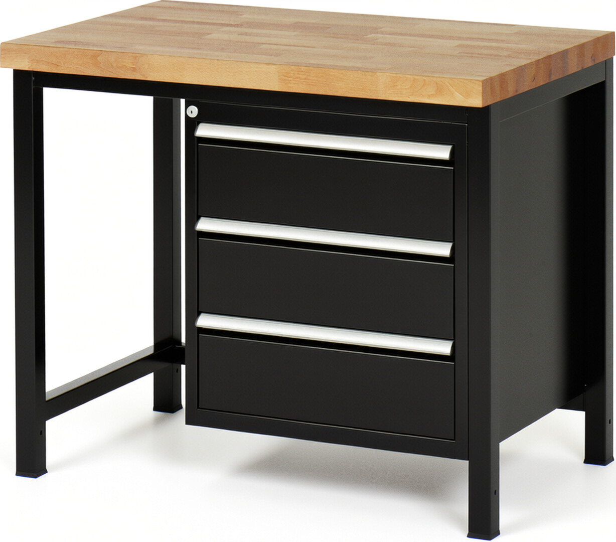 Werkbank Modell 8157 schwarz, BxTxH 1000x700x840 mm,  Buche-Massiv Arbeitsplatte 40 mm,  3 Schubladen mit  Auszug 90 %