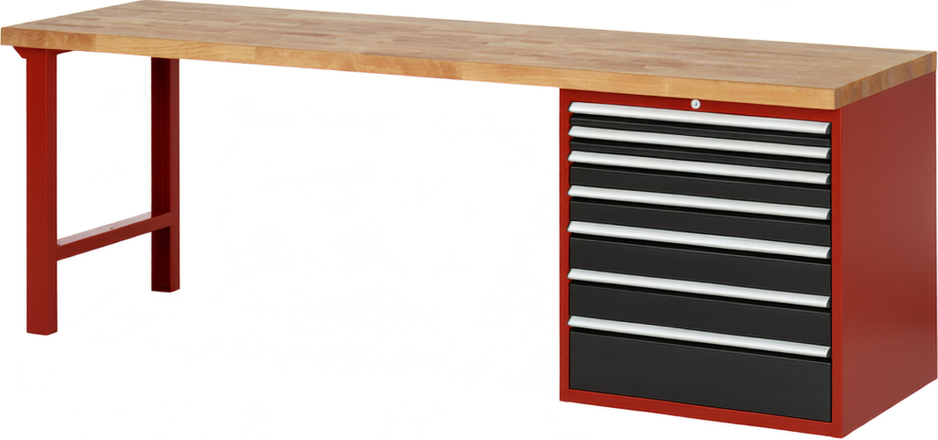 Werkbank Modell 7617 rot - schwarz, BxTxH 2500x700x890 mm,  Buche-Massiv Arbeitsplatte 40 mm,  7 Schubladen mit  Auszug 90 %