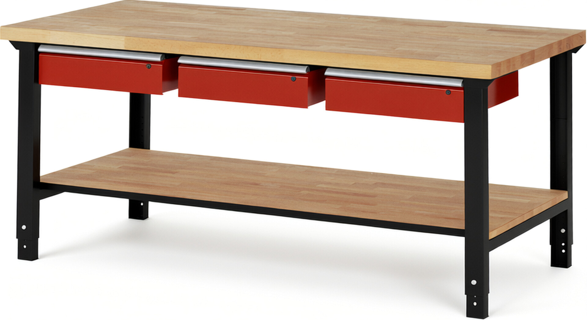RAU Werkbank schwarz - rot - Breite 200 cm - Tiefe 90 cm - Höhe 114 cm - Buche-Massiv Arbeitsplatte 40 mm