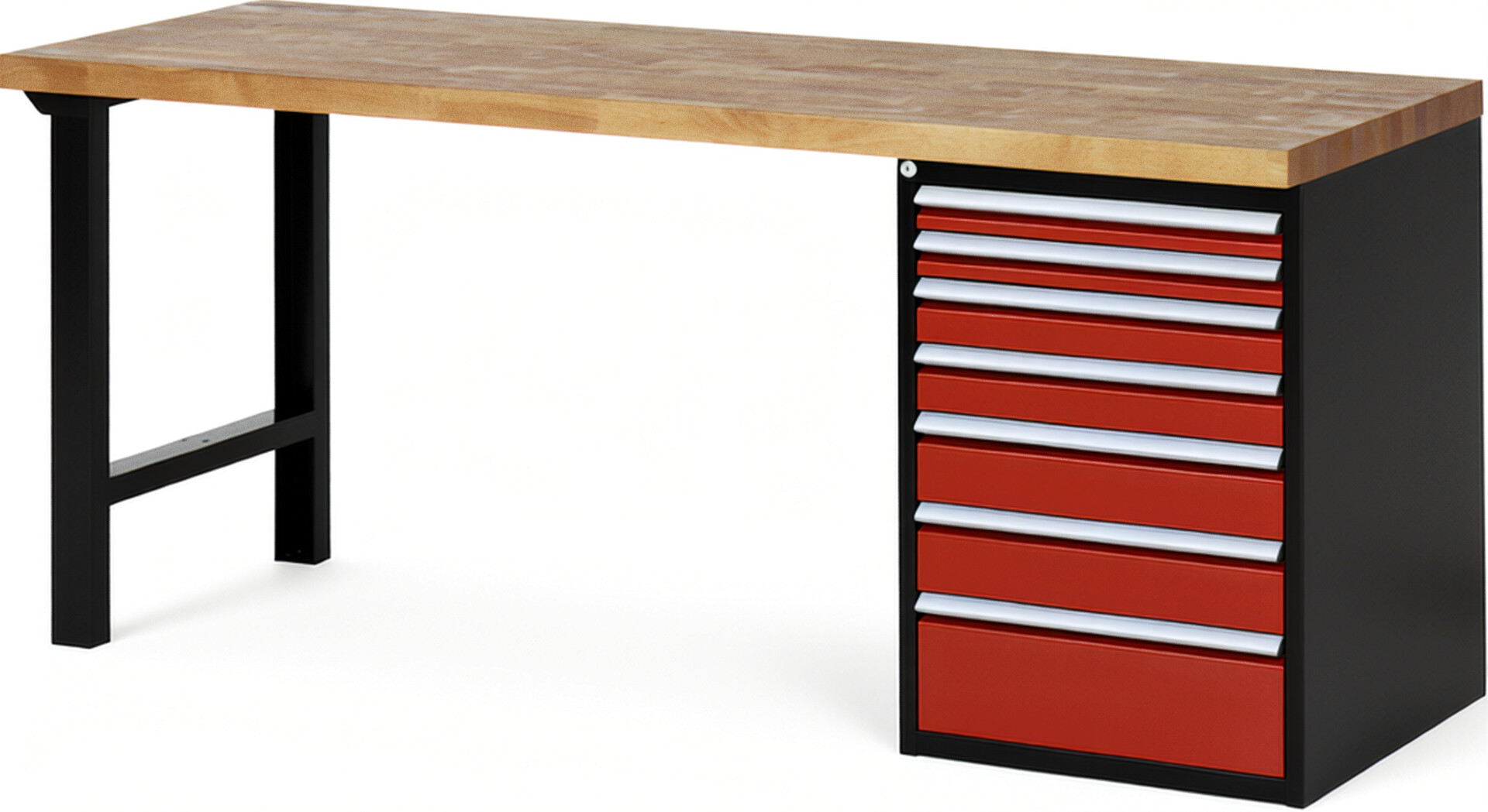RAU Werkbank schwarz - rot - Breite 200 cm - Tiefe 70 cm - Höhe 89 cm - Buche-Massiv Arbeitsplatte 40 mm