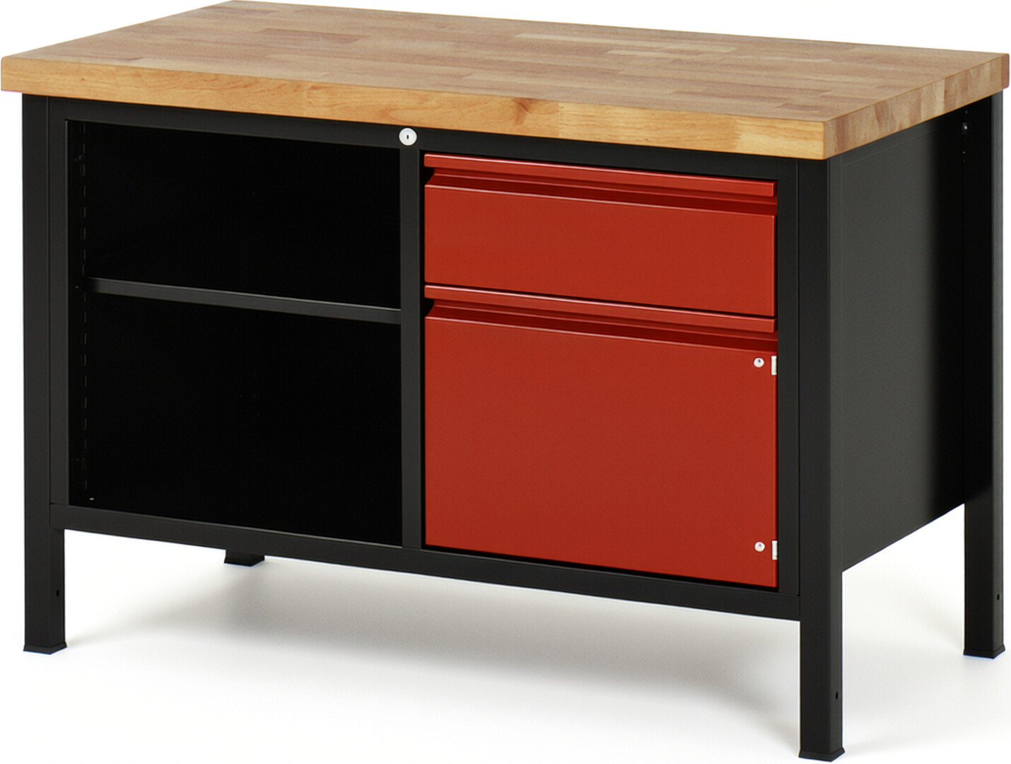 Werkbank schwarz - rot, Breite 125 cm, Tiefe 70 cm, Höhe 84 cm, 1 Schublade(n), Platte: Buche-Massiv-Arbeitsplatte