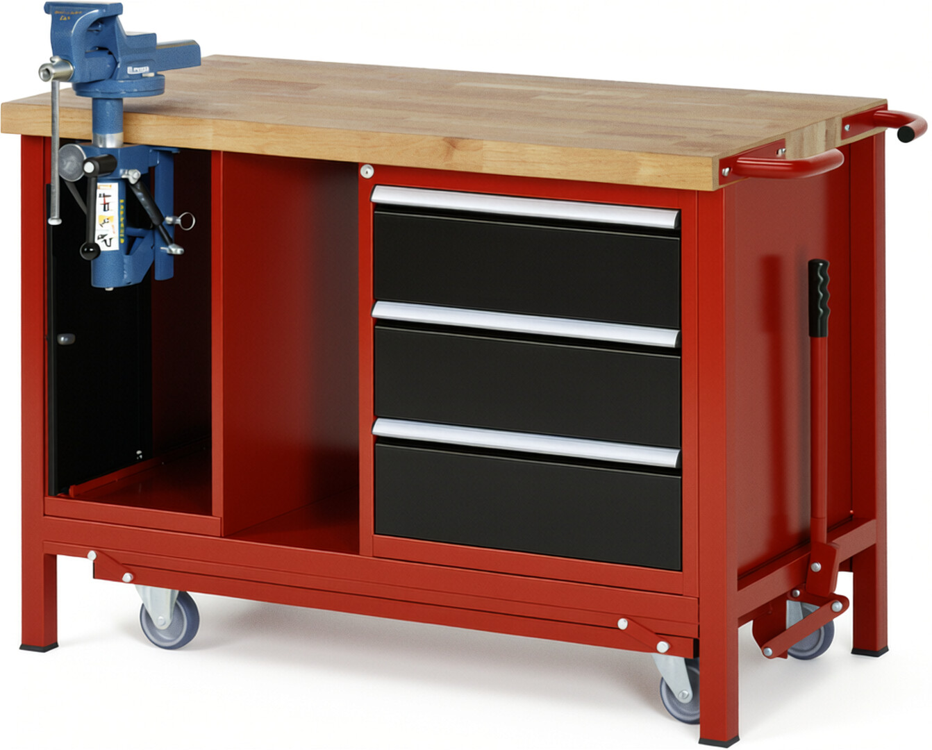 Absenkbare Werkbank Modell 8183 rot - schwarz, BxTxH 1250x700x880 mm,  Buche-Massiv Arbeitsplatte 40 mm,  3 Schubladen mit  Auszug 90 %