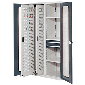 Schwerlastschrank, Sichtfenstertüren, 2 Vertikalauszüge, 3 Fachböden, 2 Schubl. BxTxH 1000x600x1950 mm, RAL 7035/7016