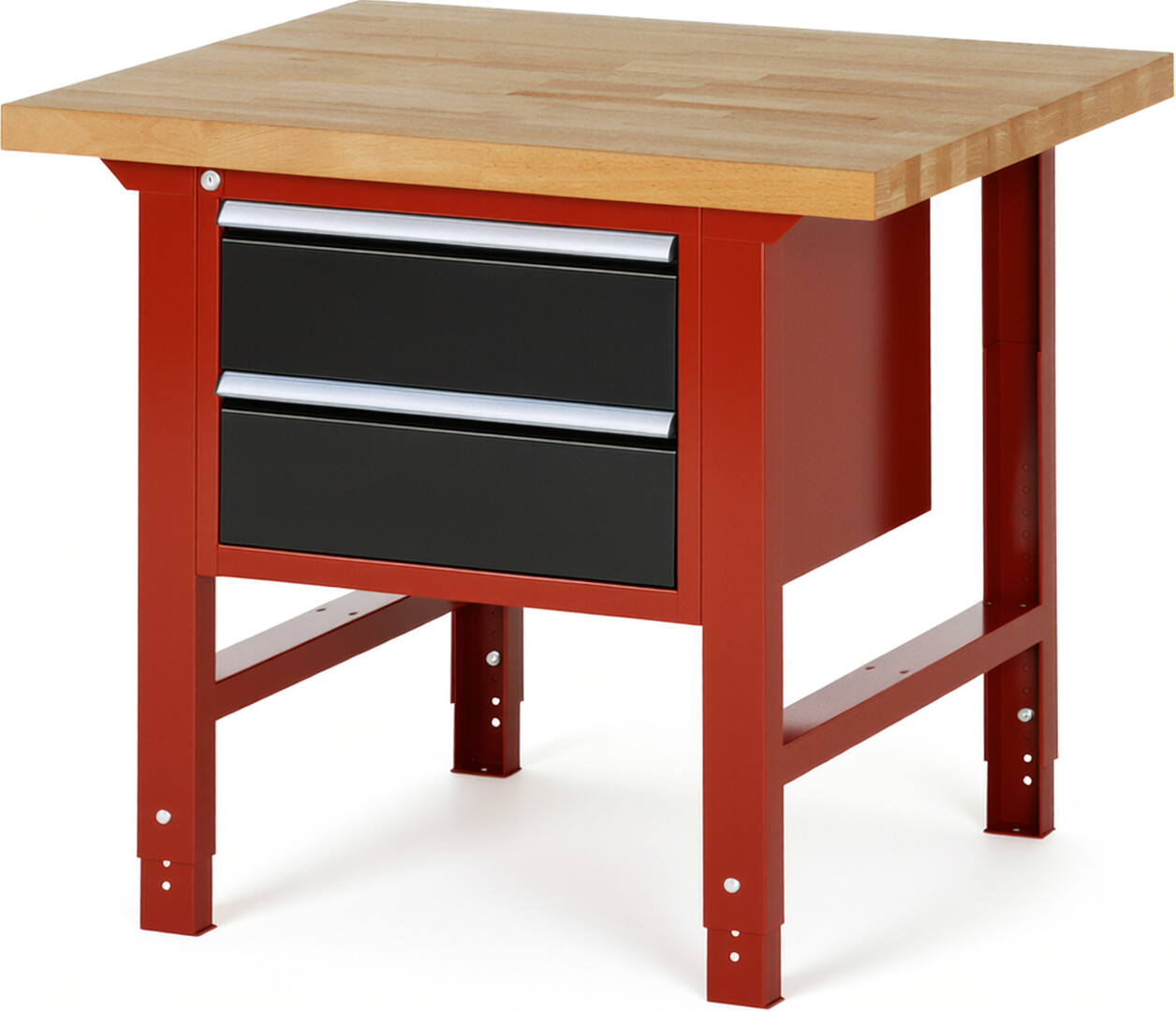 Werkbank Modell 7125 rot - schwarz, BxTxH 1000x900x790-1140 mm,  Buche-Massiv Arbeitsplatte 40 mm,  2 Schubladen mit  Auszug 90 %