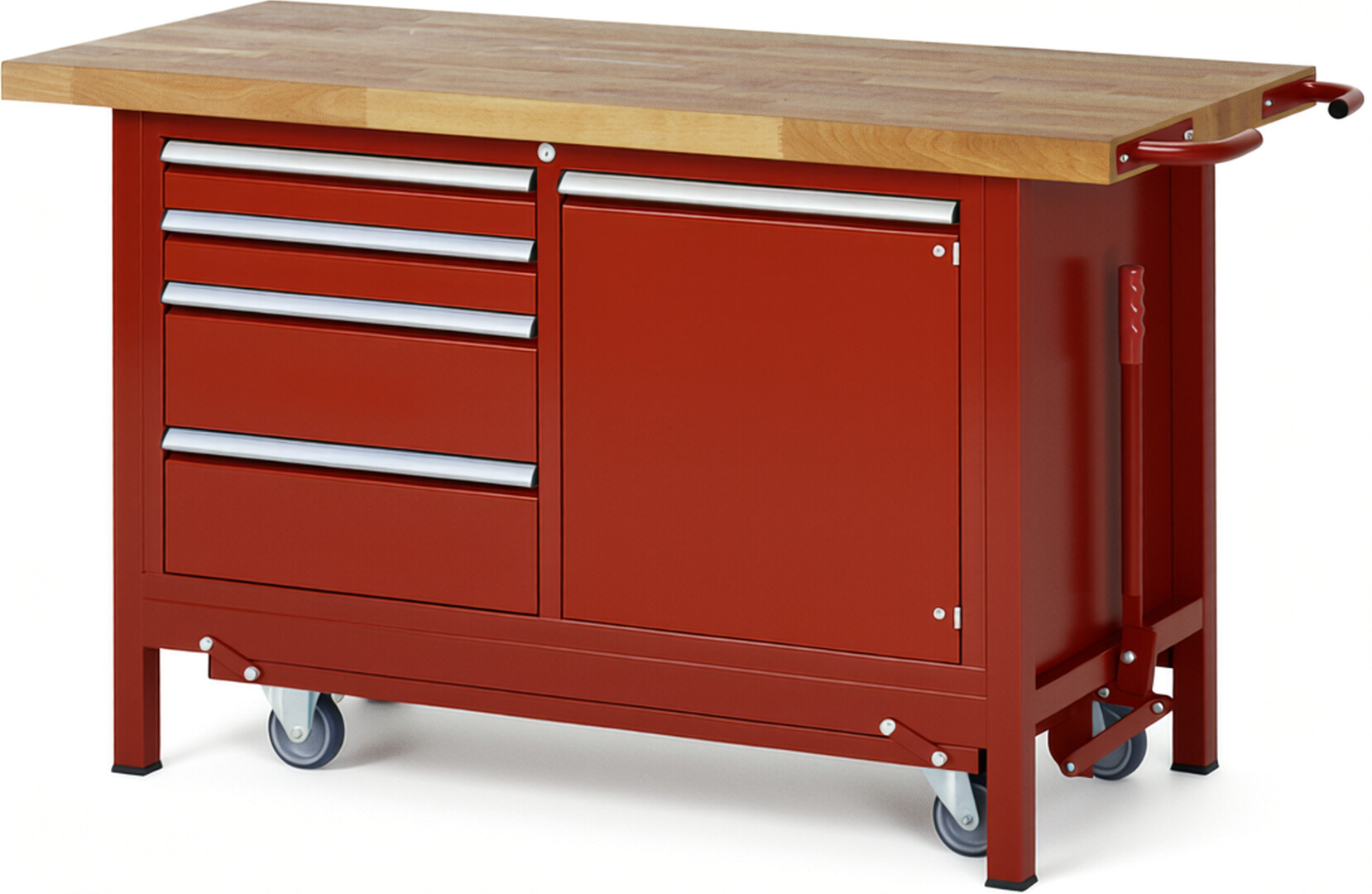 Absenkbare Werkbank Modell 8470 rot, BxTxH 1500x700x880 mm,  Buche-Massiv Arbeitsplatte 40 mm,  4 Schubladen mit  Vollauszug 100 % und  SoftClosing