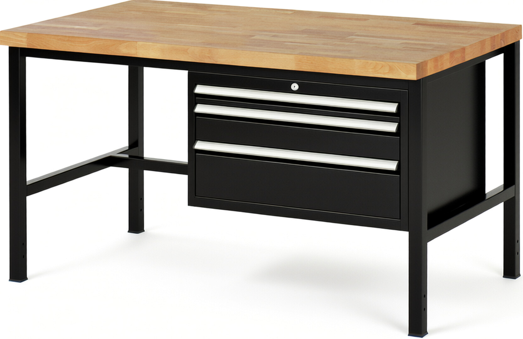 Werkbank Modell 8226 schwarz, BxTxH 1500x900x840 mm,  Buche-Massiv Arbeitsplatte 40 mm,  3 Schubladen mit  Vollauszug 100 % und  SoftClosing