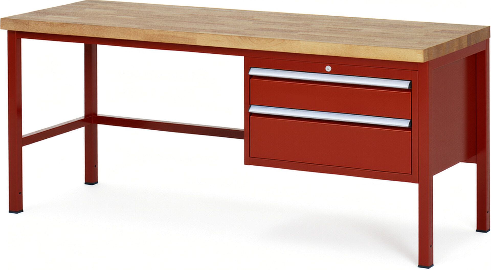 Werkbank Modell 8223 rot, BxTxH 2000x700x840 mm,  Buche-Massiv Arbeitsplatte 40 mm,  2 Schubladen mit  Auszug 90 %