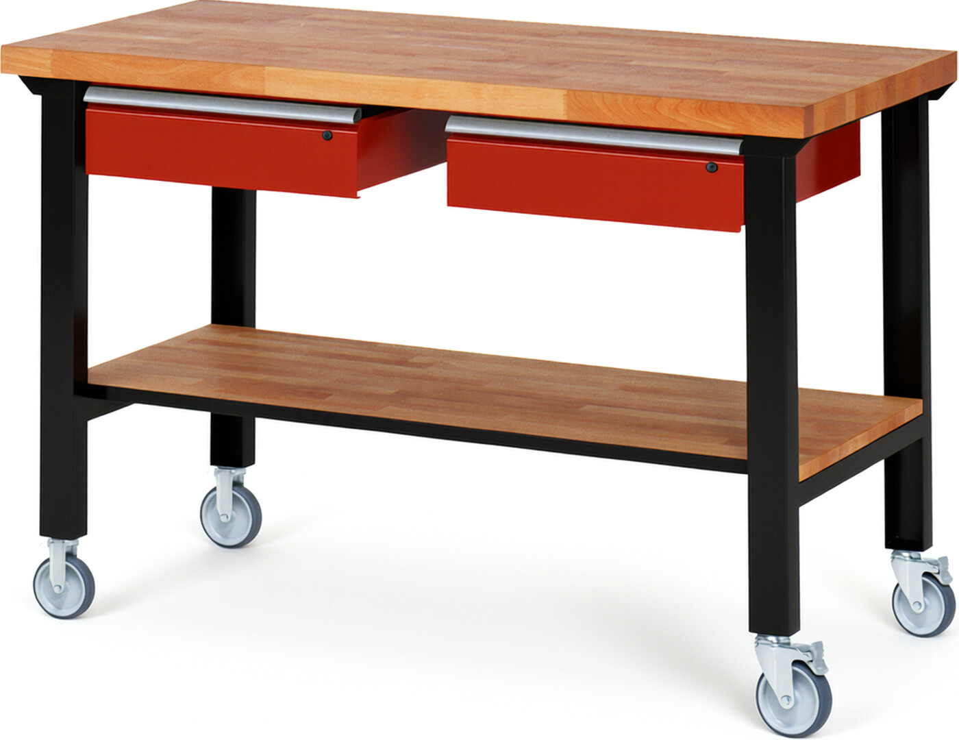 RAU Werkbank schwarz - rot - Breite 150 cm - Tiefe 70 cm - Höhe 100 cm - Buche-Massiv Arbeitsplatte 40 mm