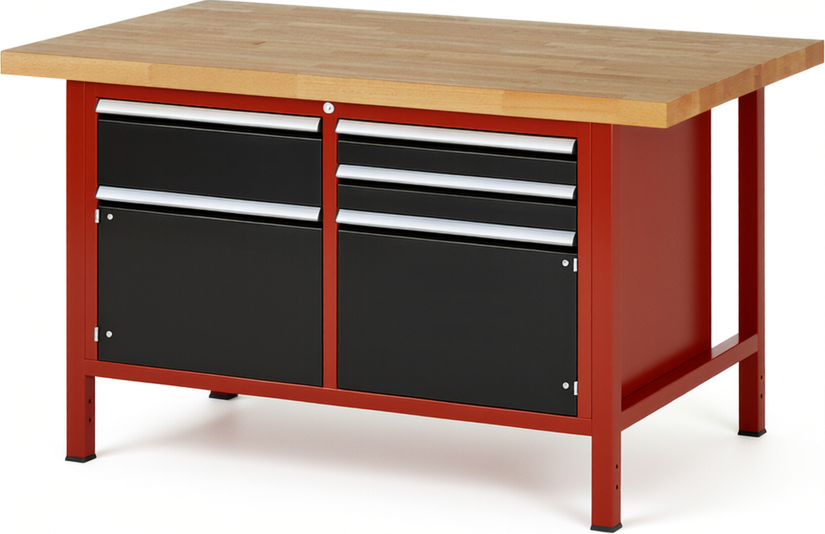 Werkbank Modell 8467 rot - schwarz, BxTxH 1500x900x840-1040 mm,  Buche-Massiv Arbeitsplatte 40 mm,  3 Schubladen mit  Vollauszug 100 % und  SoftClosing