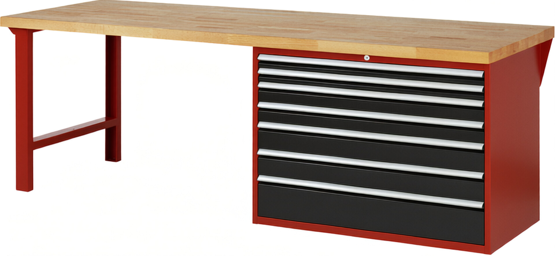 Werkbank Modell 7717 rot - schwarz, BxTxH 2500x900x890 mm,  Buche-Massiv Arbeitsplatte 40 mm,  7 Schubladen mit  Vollauszug 100 % und  SoftClosing