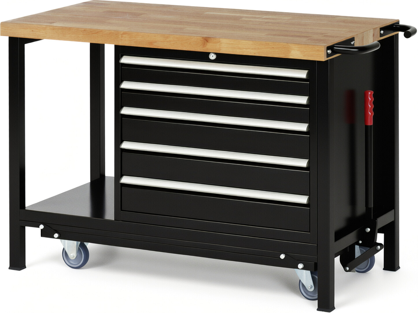 Absenkbare Werkbank Modell 8271 schwarz, BxTxH 1250x700x880 mm,  Buche-Massiv Arbeitsplatte 40 mm,  5 Schubladen mit  Vollauszug 100 % und  SoftClosing