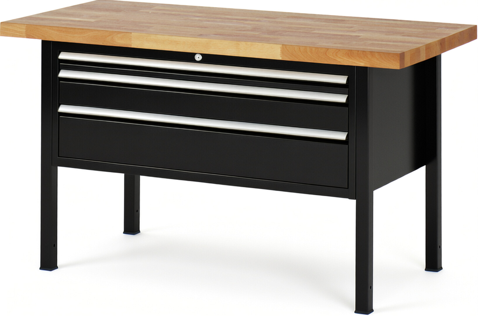 Werkbank Modell 8326 schwarz, BxTxH 1500x700x840 mm,  Buche-Massiv Arbeitsplatte 40 mm,  3 Schubladen mit  Vollauszug 100 % und  SoftClosing