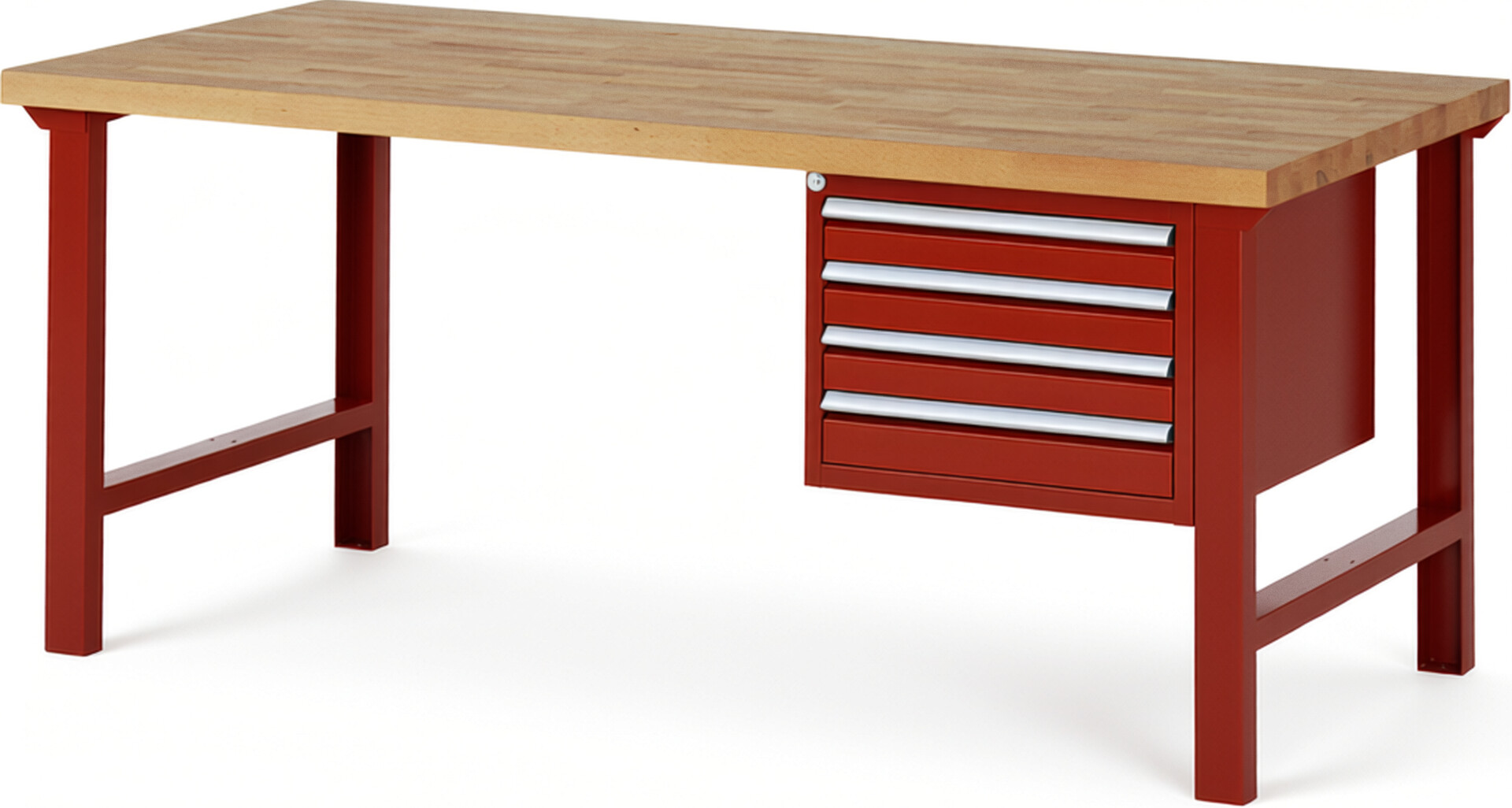 Werkbank Modell 7133 rot, BxTxH 2000x900x840 mm,  Buche-Massiv Arbeitsplatte 40 mm,  4 Schubladen mit  Auszug 90 %