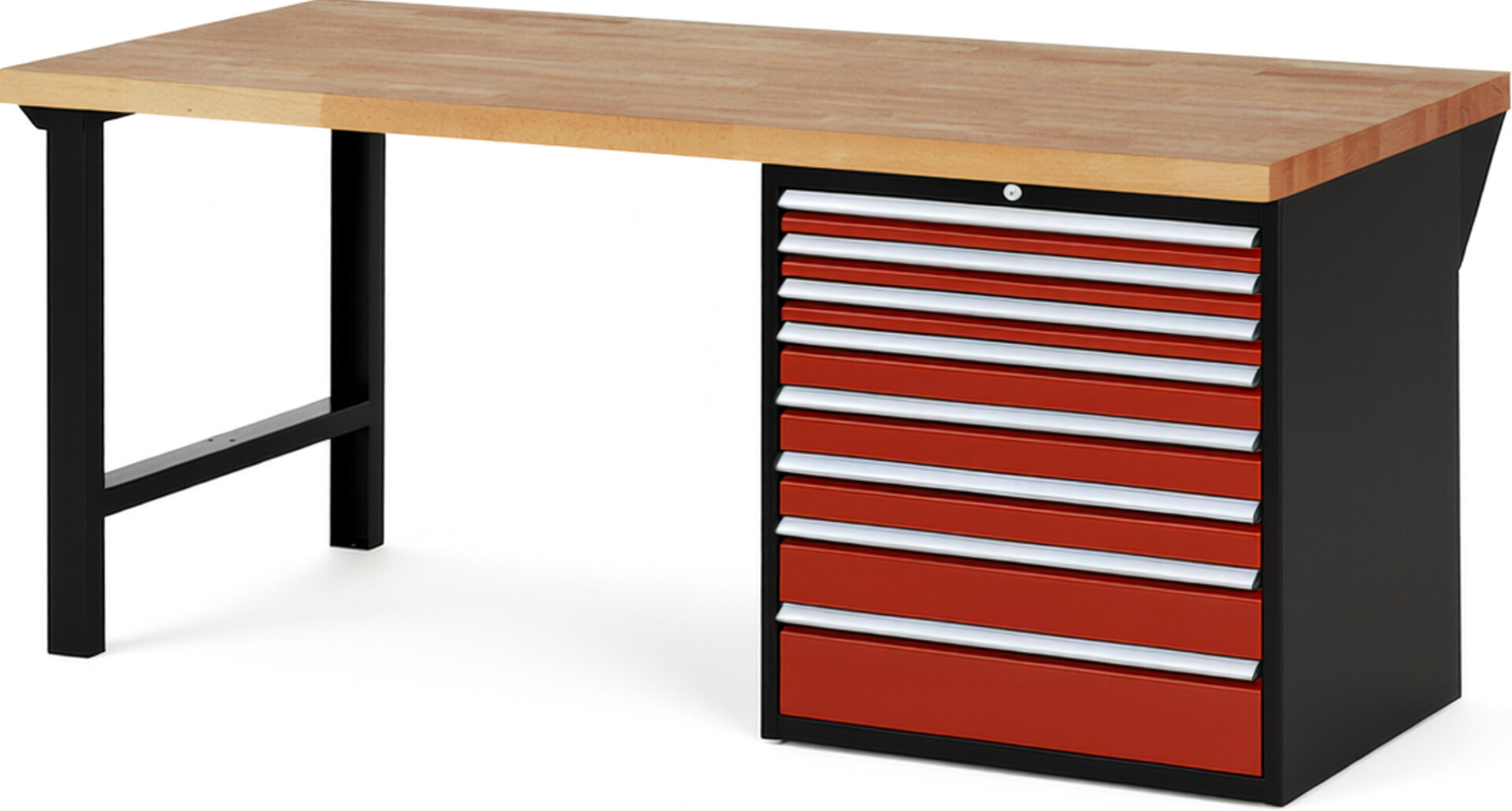 RAU Werkbank schwarz - rot - Breite 200 cm - Tiefe 90 cm - Höhe 89 cm - Buche-Massiv Arbeitsplatte 40 mm