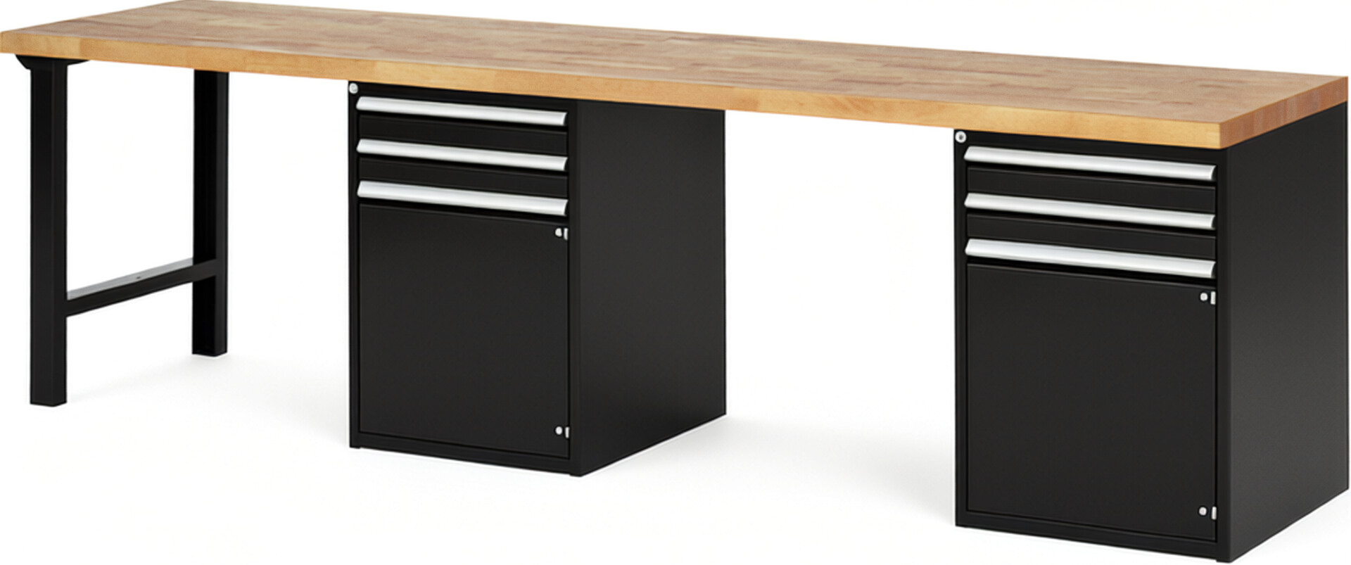 Werkbank Modell 7503 schwarz, BxTxH 3000x700x890 mm,  Buche-Massiv Arbeitsplatte 40 mm,  4 Schubladen mit  Auszug 90 %