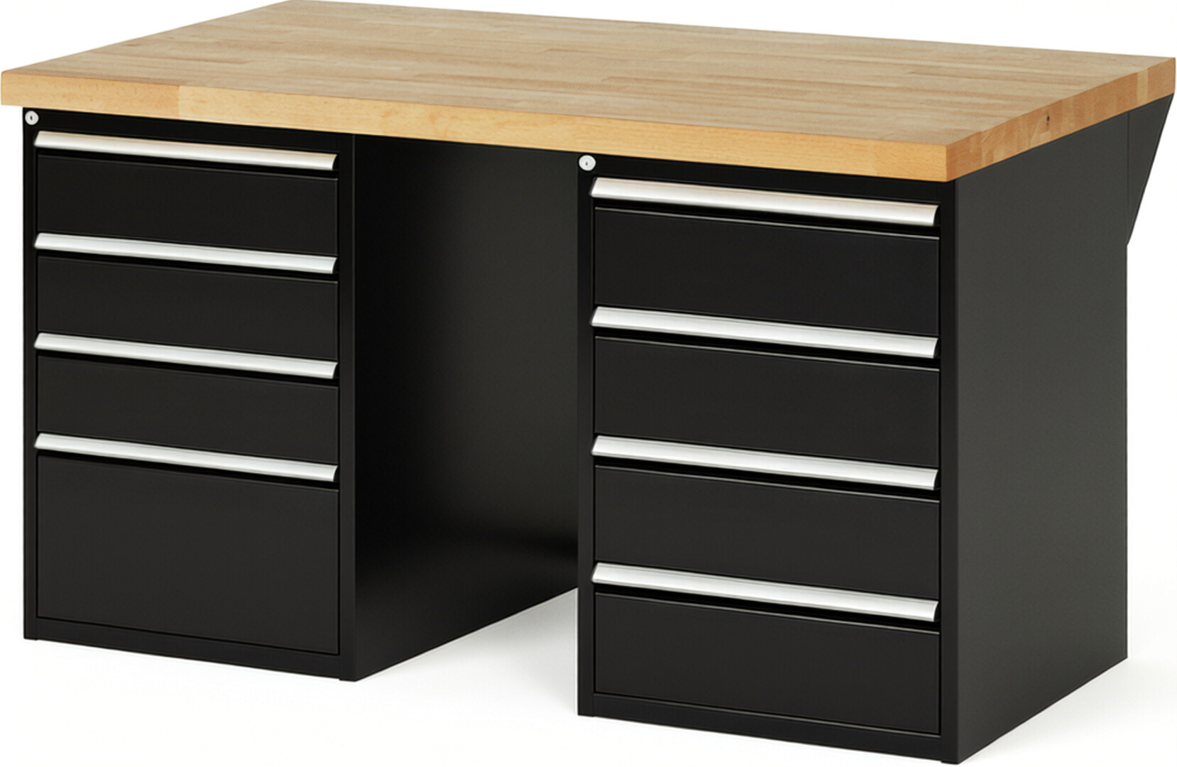 Werkbank Modell 7820 schwarz, BxTxH 1500x900x890 mm,  Buche-Massiv Arbeitsplatte 40 mm,  8 Schubladen mit  Vollauszug 100 % und  SoftClosing