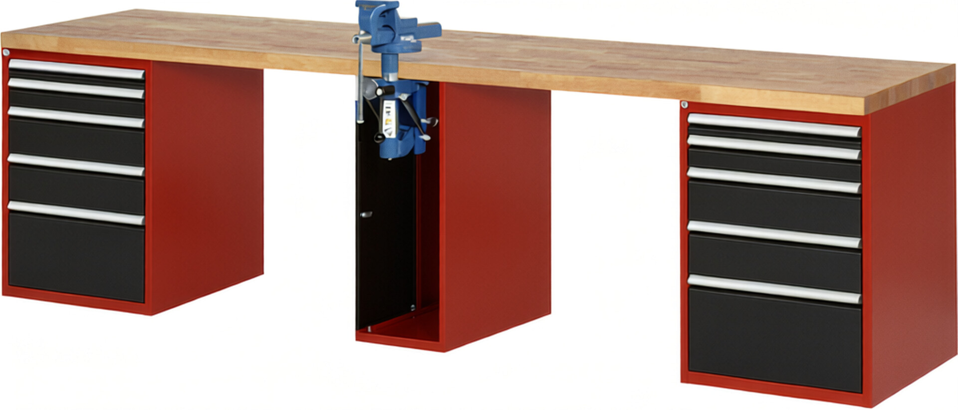 Werkbank Modell 7511 rot - schwarz, BxTxH 3000x700x890 mm,  Buche-Massiv Arbeitsplatte 40 mm,  10 Schubladen mit  Auszug 90 %