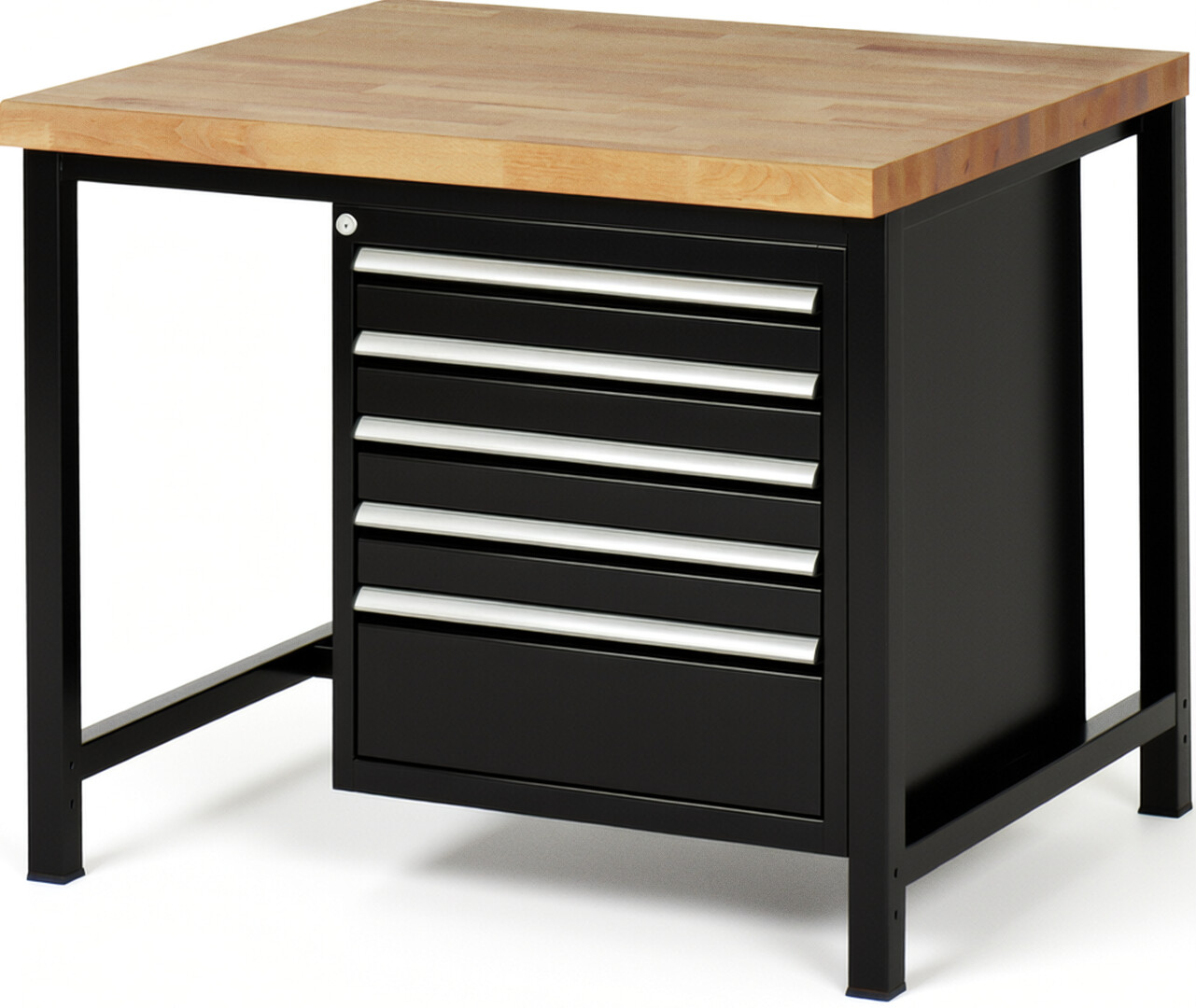 Werkbank Modell 8168 schwarz, BxTxH 1000x900x840 mm,  Buche-Massiv Arbeitsplatte 40 mm,  5 Schubladen mit  Auszug 90 %
