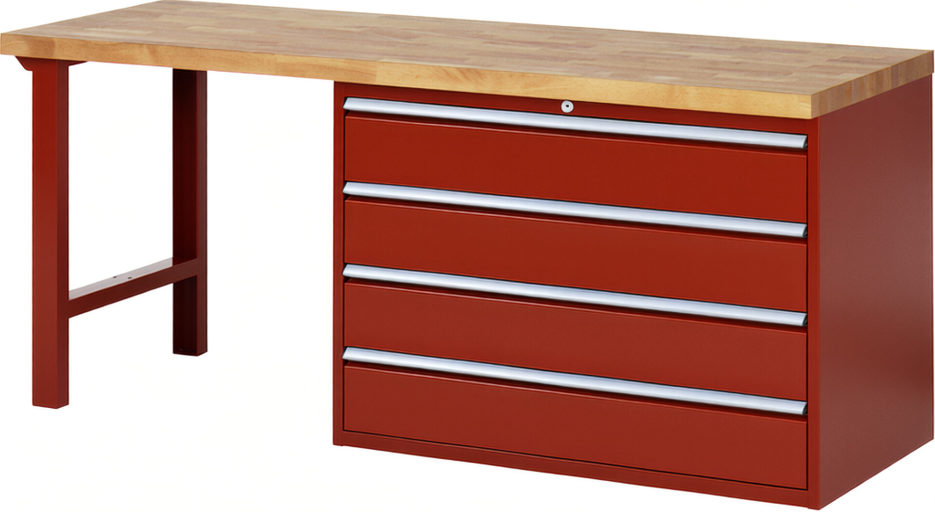 Werkbank Modell 7709 rot, BxTxH 2000x700x890 mm,  Buche-Massiv Arbeitsplatte 40 mm,  4 Schubladen mit  Auszug 90 %