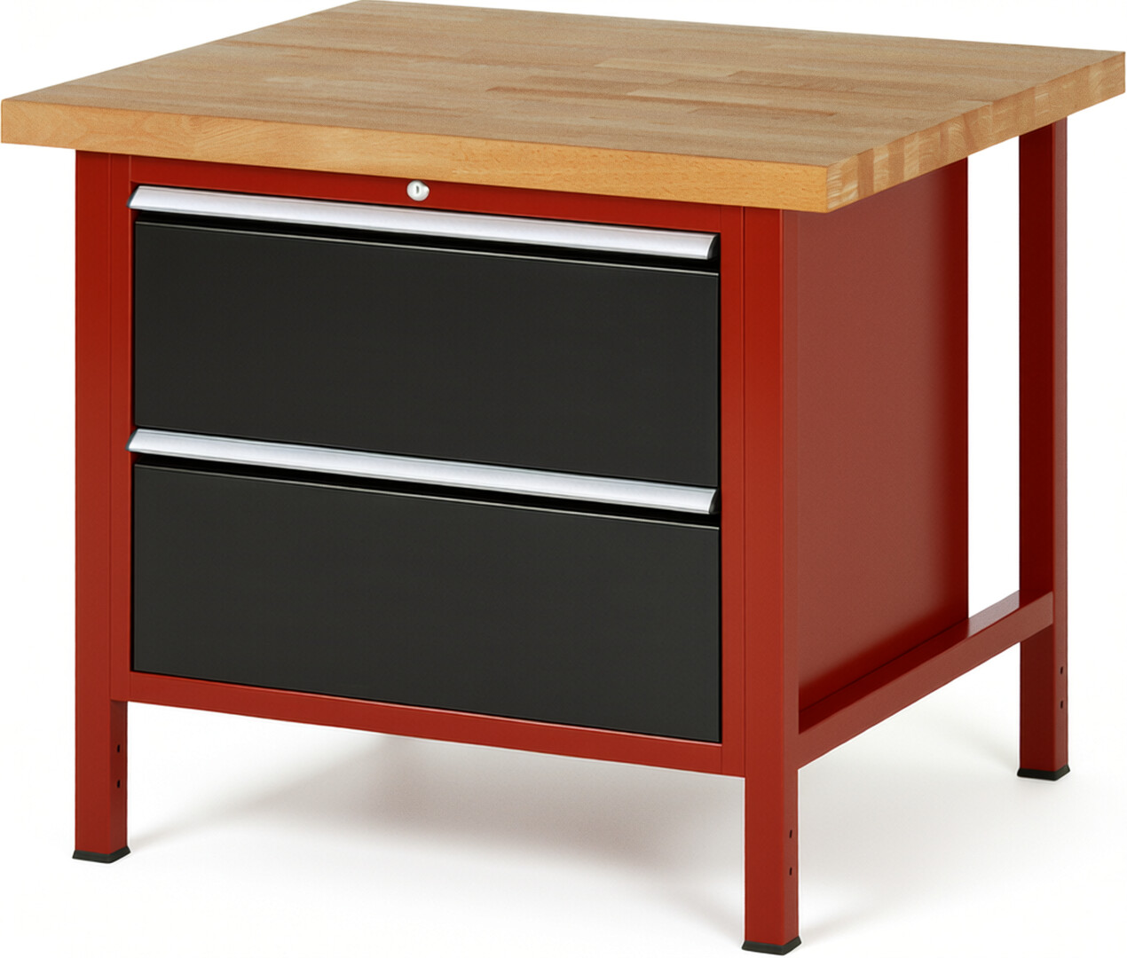 Werkbank Modell 8255 rot - schwarz, BxTxH 1000x900x840 mm,  Buche-Massiv Arbeitsplatte 40 mm,  2 Schubladen mit  Vollauszug 100 % und  SoftClosing