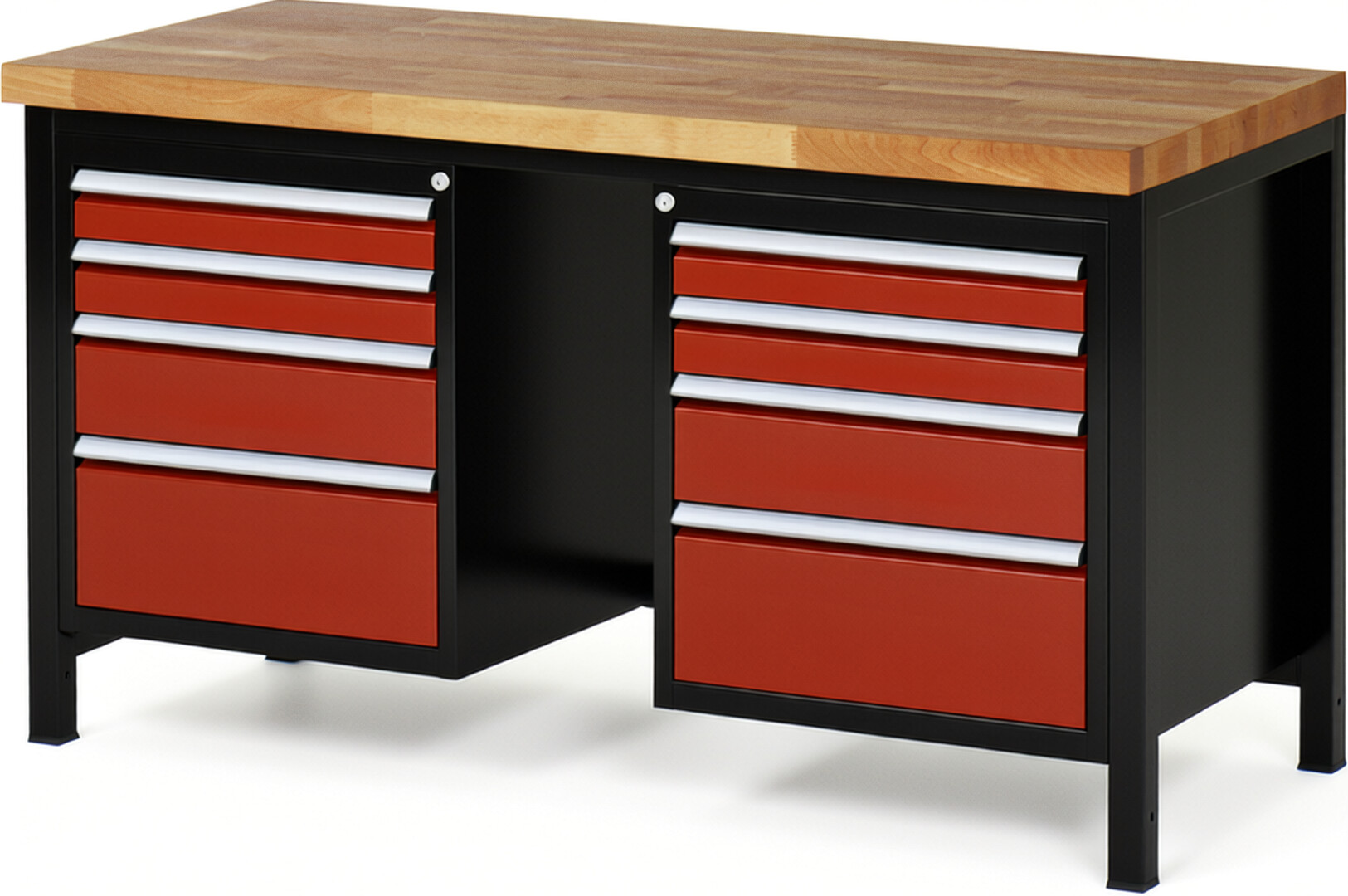 RAU Werkbank schwarz - rot - Breite 150 cm - Tiefe 70 cm - Höhe 104 cm - Buche-Massiv Arbeitsplatte 40 mm