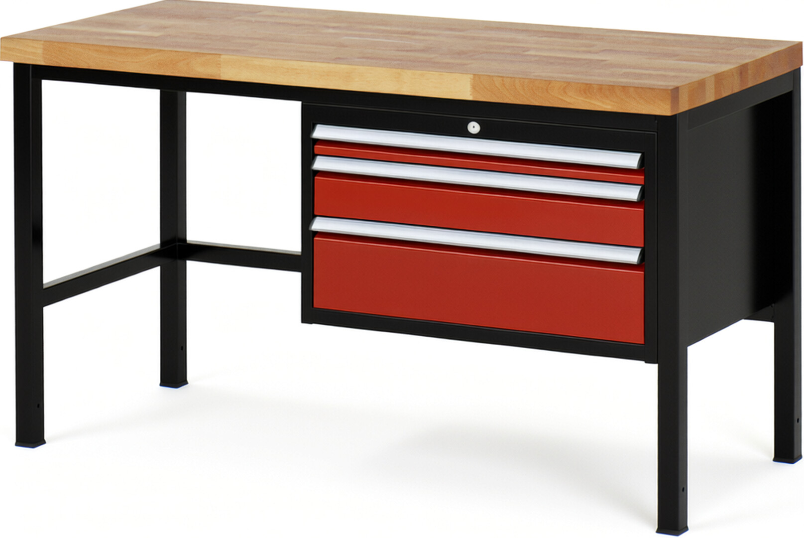 RAU Werkbank schwarz - rot - Breite 150 cm - Tiefe 70 cm - Höhe 104 cm - Buche-Massiv Arbeitsplatte 40 mm