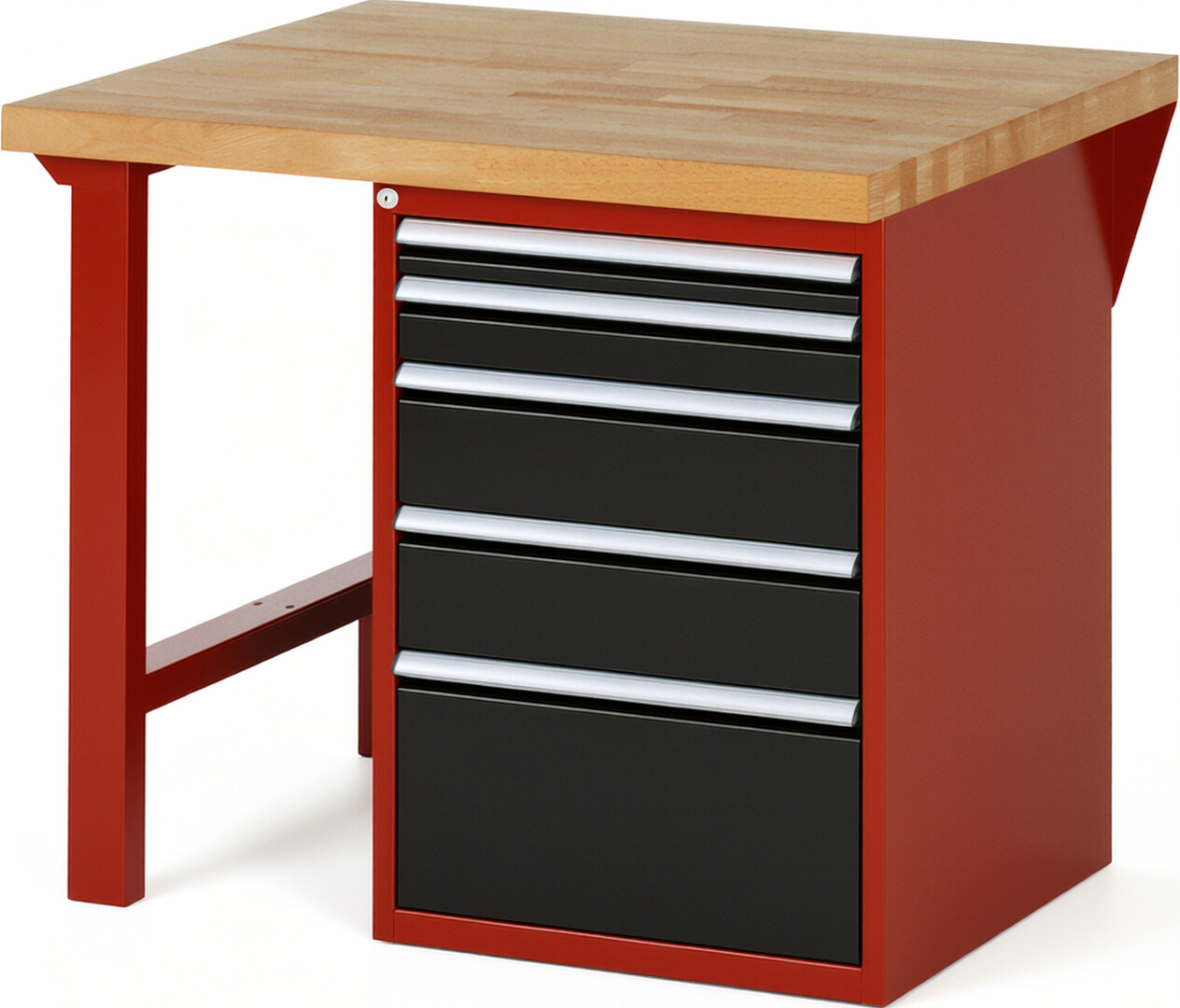 Werkbank Modell 7511 rot - schwarz, BxTxH 1000x900x890 mm,  Buche-Massiv Arbeitsplatte 40 mm,  5 Schubladen mit  Auszug 90 %