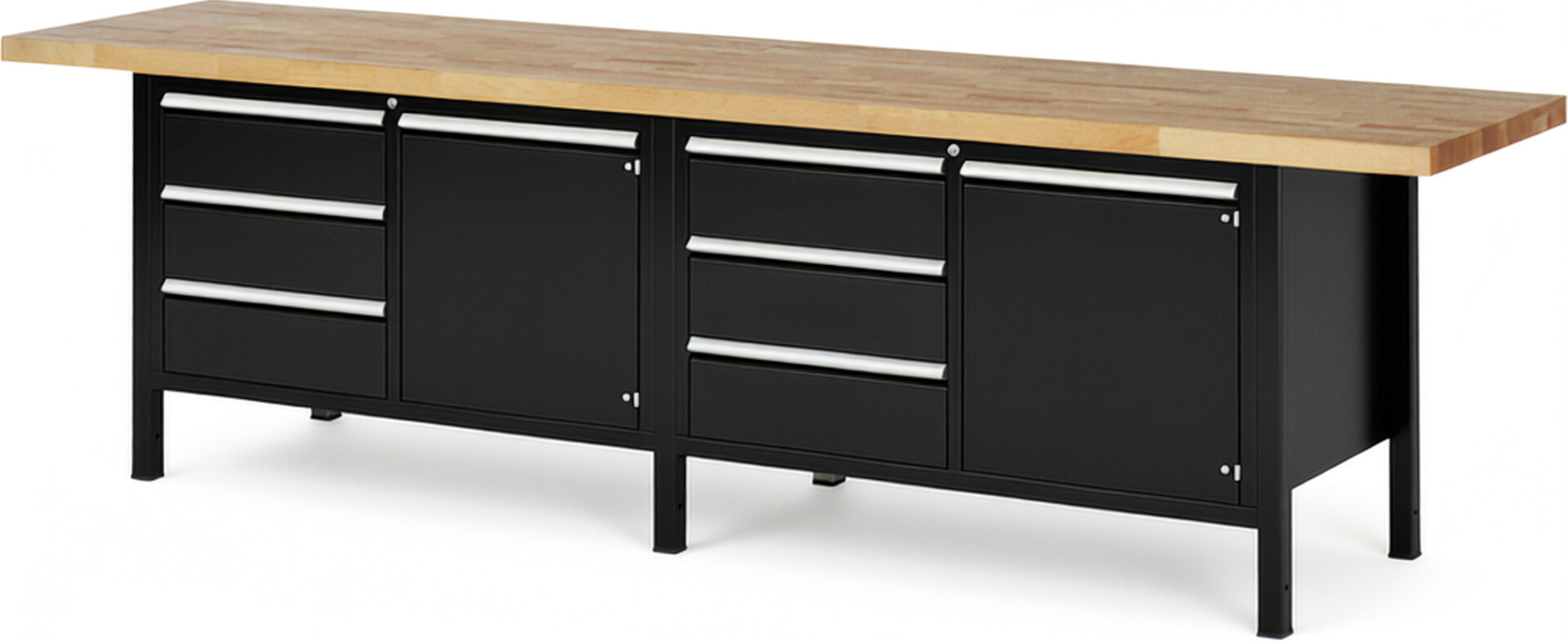 Werkbank Modell 8468 schwarz, BxTxH 3000x700x840-1040 mm,  Buche-Massiv Arbeitsplatte 40 mm,  6 Schubladen mit  Auszug 90 %