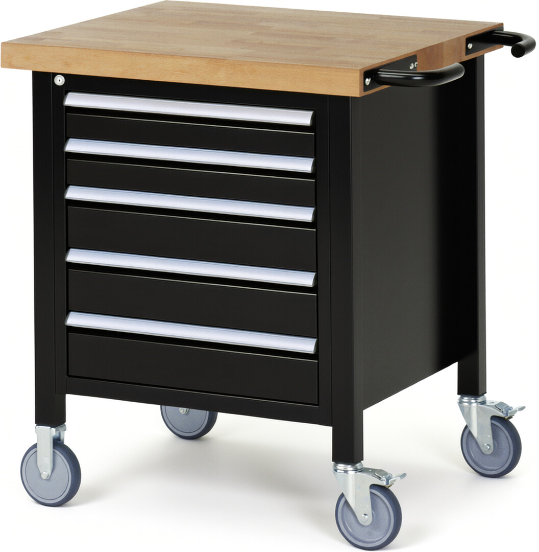 Fahrbare Werkbank Modell 8171 schwarz, BxTxH 750x700x880-1080 mm,  Buche-Massiv Arbeitsplatte 40 mm,  5 Schubladen mit  Auszug 90 %