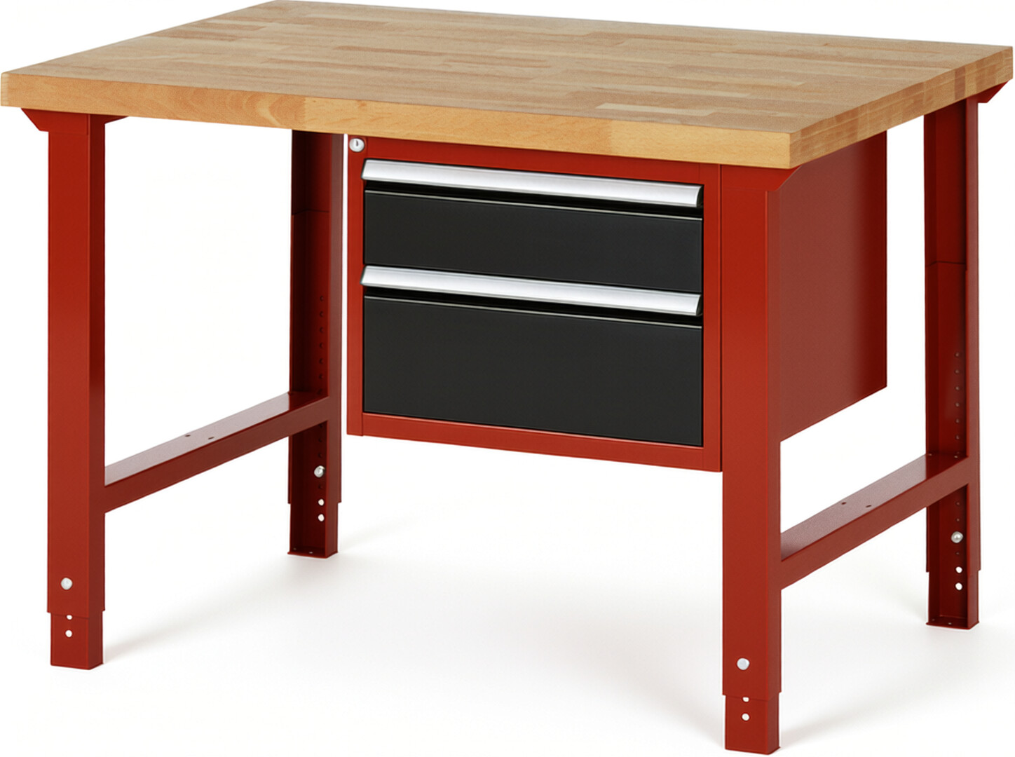 Werkbank Modell 7123 rot - schwarz, BxTxH 1250x900x790-1140 mm,  Buche-Massiv Arbeitsplatte 40 mm,  2 Schubladen mit  Auszug 90 %