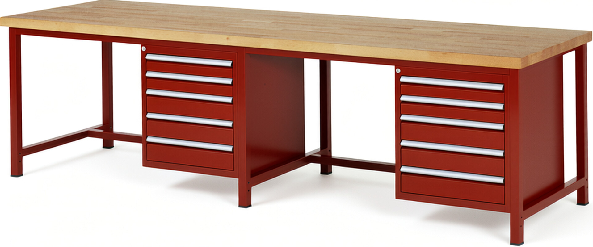Werkbank Modell 8171 rot, BxTxH 3000x900x840-1040 mm,  Buche-Massiv Arbeitsplatte 40 mm,  10 Schubladen mit  Vollauszug 100 % und  SoftClosing