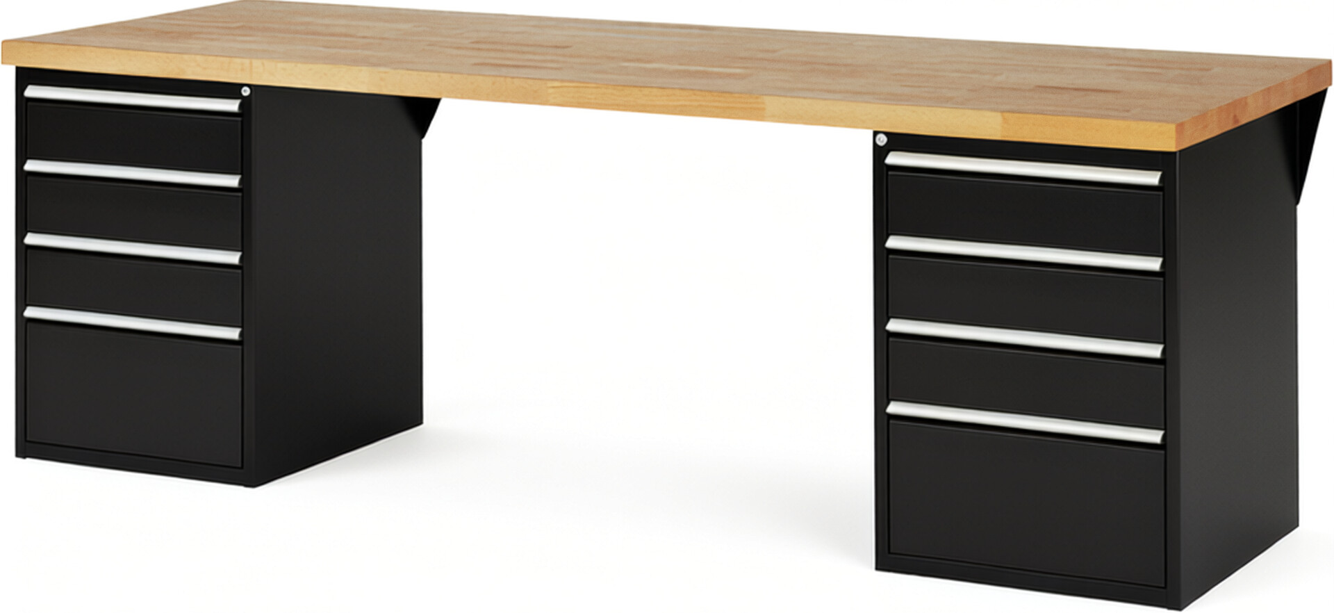 Werkbank Modell 7510 schwarz, BxTxH 2500x900x890 mm,  Buche-Massiv Arbeitsplatte 40 mm,  8 Schubladen mit  Auszug 90 %