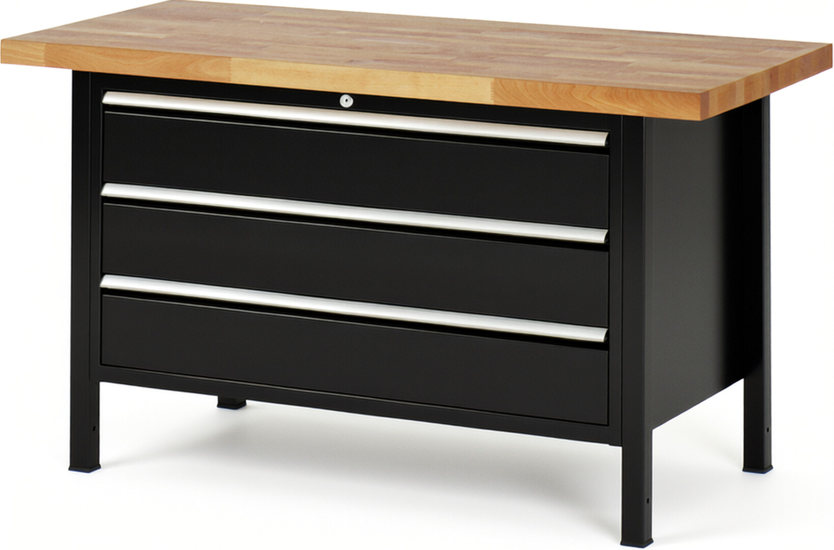 Werkbank Modell 8357 schwarz, BxTxH 1500x700x840 mm,  Buche-Massiv Arbeitsplatte 40 mm,  3 Schubladen mit  Auszug 90 %