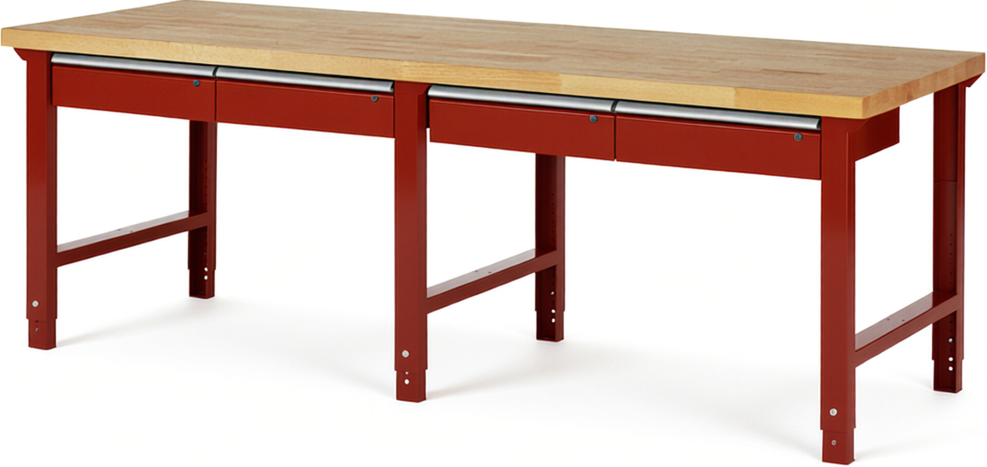 Werkbank Modell 7002 rot, BxTxH 2500x900x790-1140 mm,  Buche-Massiv Arbeitsplatte 40 mm,  4 Schubladen mit  Auszug 90 %