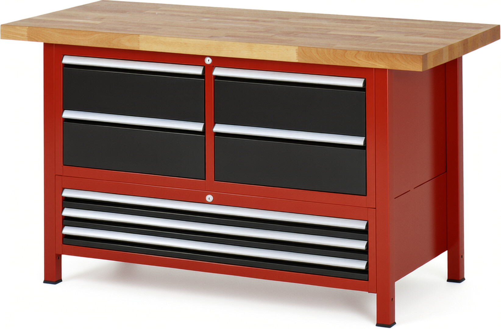 Werkbank Modell 8934 rot - schwarz, BxTxH 1500x700x840 mm,  Buche-Massiv Arbeitsplatte 40 mm,  7 Schubladen mit  Vollauszug 100 % und  SoftClosing