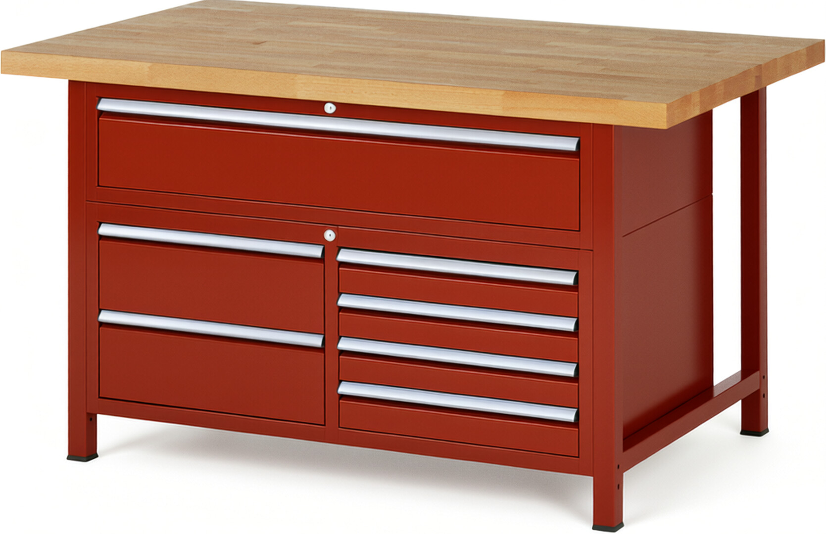 Werkbank Modell 8921 rot, BxTxH 1500x900x840 mm,  Buche-Massiv Arbeitsplatte 40 mm,  7 Schubladen mit  Auszug 90 %