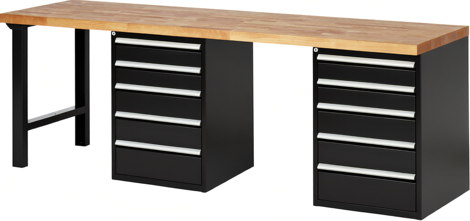 Werkbank Modell 7513 schwarz, BxTxH 2500x700x890 mm,  Buche-Massiv Arbeitsplatte 40 mm,  10 Schubladen mit  Auszug 90 %