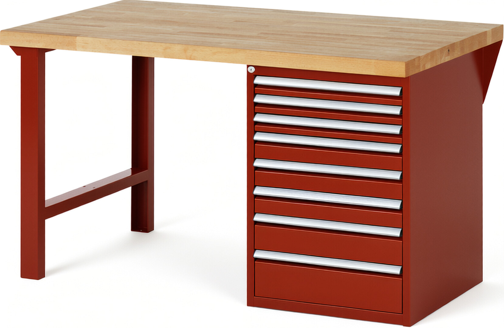 Werkbank Modell 7519 rot, BxTxH 1500x900x890 mm,  Buche-Massiv Arbeitsplatte 40 mm,  8 Schubladen mit  Auszug 90 %