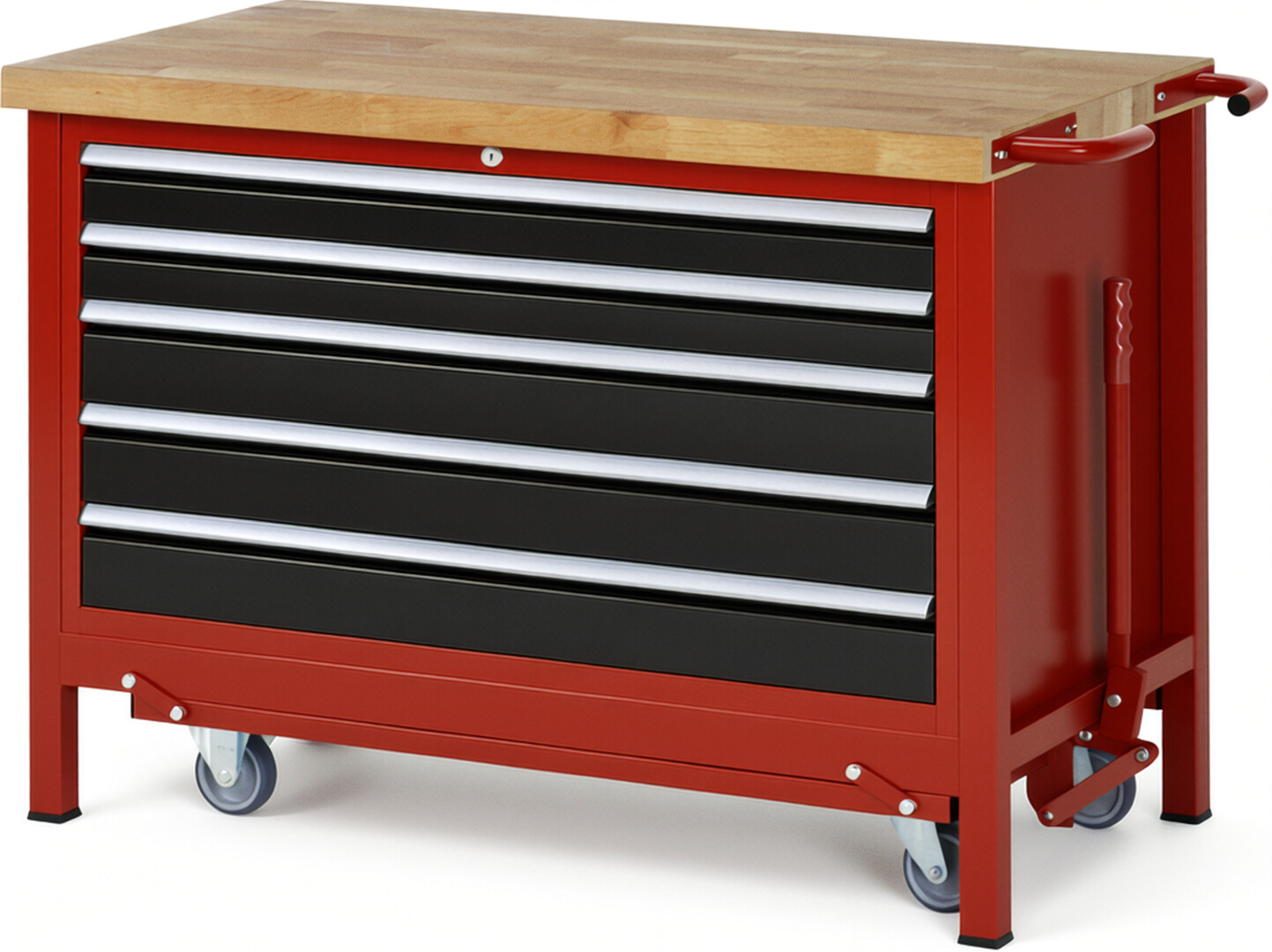 Absenkbare Werkbank Modell 8371 rot - schwarz, BxTxH 1250x700x880 mm,  Buche-Massiv Arbeitsplatte 40 mm,  5 Schubladen mit  Auszug 90 %
